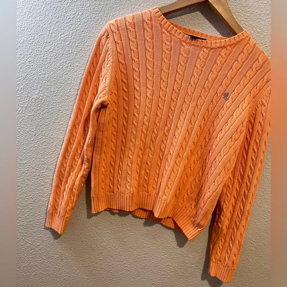 Lauren Ralph Lauren Vtg Cable Knit 100% Cotton Crewneck Cropped Sweater M - Picture 2 of 9